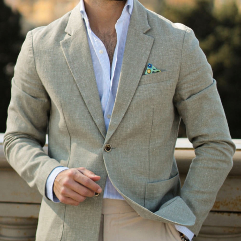 John Henric Green Linen Jacket + Matching Floral Pocket Square (NWT) - Size XXL